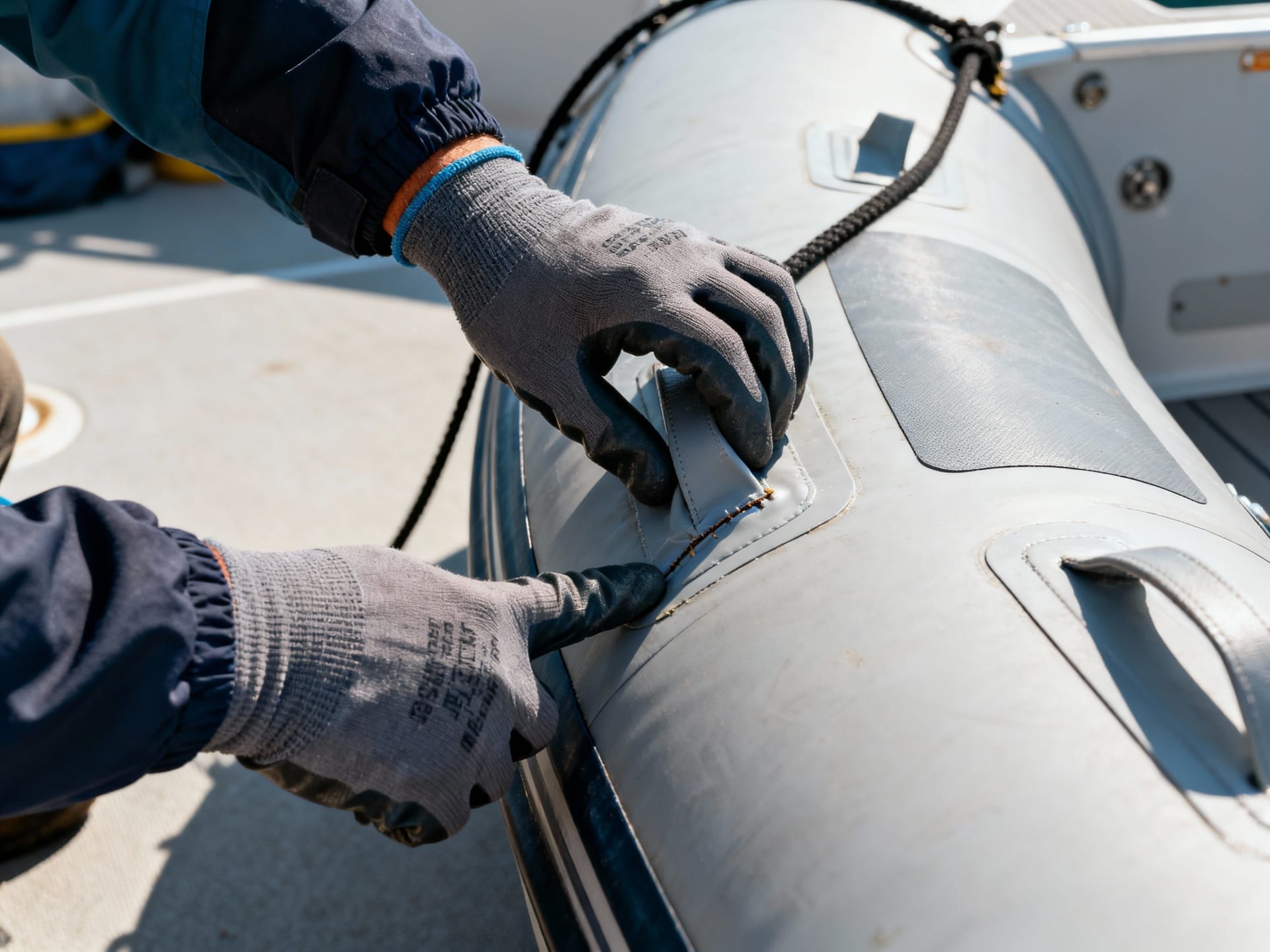 Expert nautique inspectant un bateau semi-rigide d'occasion